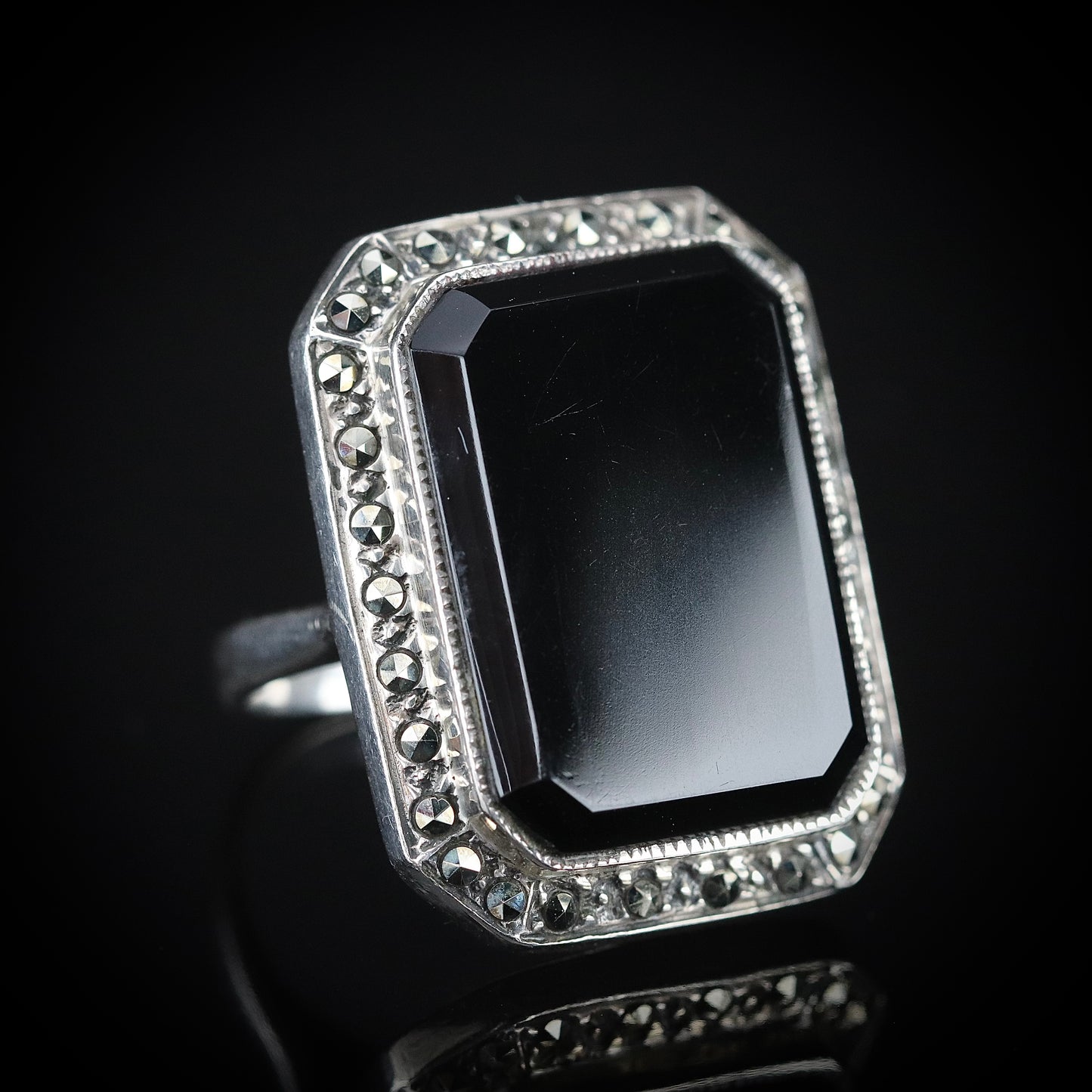Sterling Silver Big Onyx and Marcasite Ring