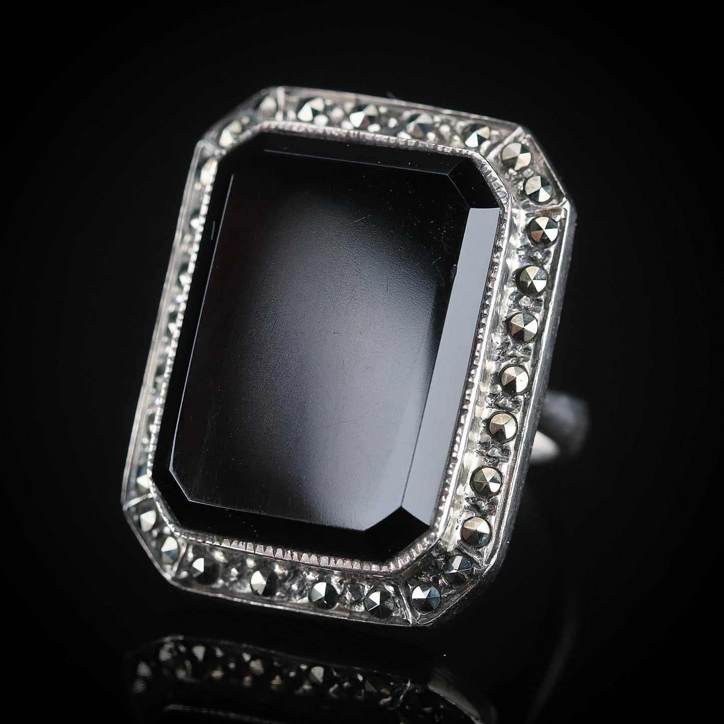 Sterling Silver Big Onyx and Marcasite Ring