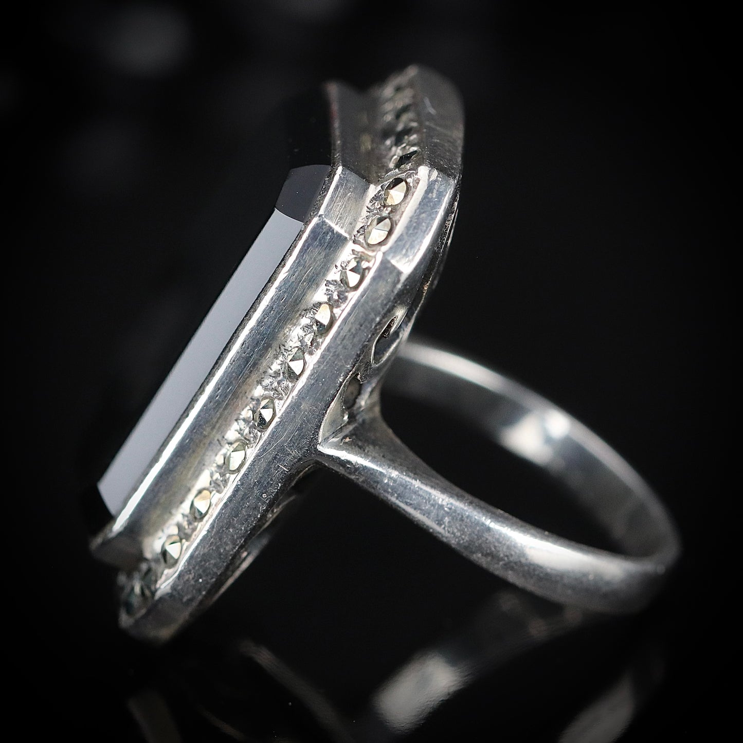 Sterling Silver Big Onyx and Marcasite Ring