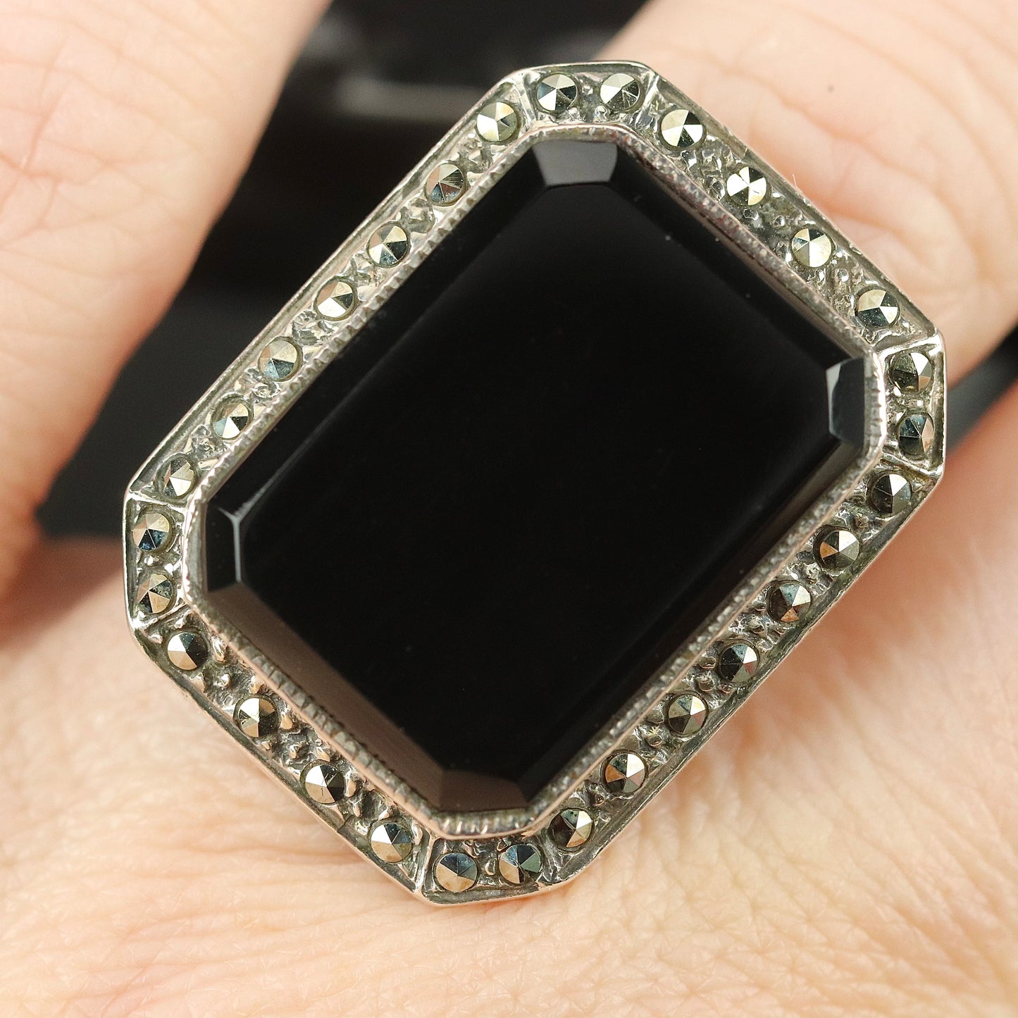 Sterling Silver Big Onyx and Marcasite Ring
