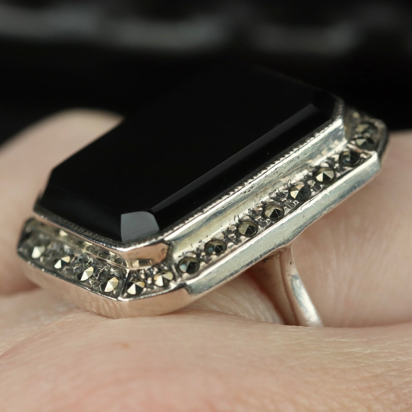 Sterling Silver Big Onyx and Marcasite Ring