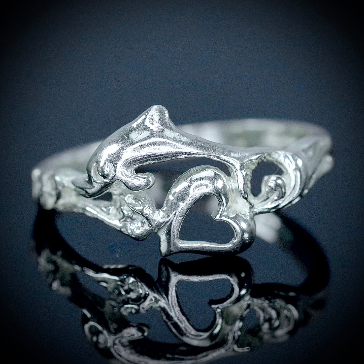 Sterling Silver Heart and Dolphin Ring