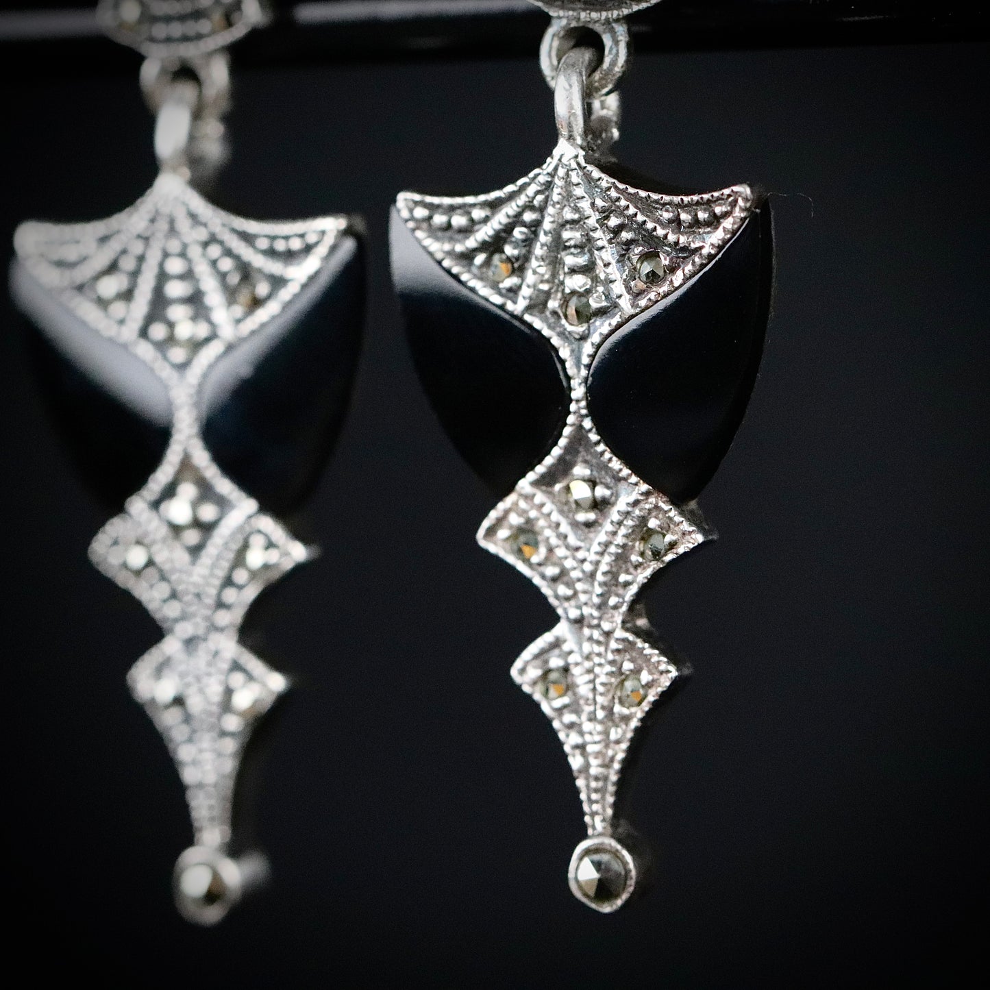 Sterling Silver Onyx and Marcasite Earrings