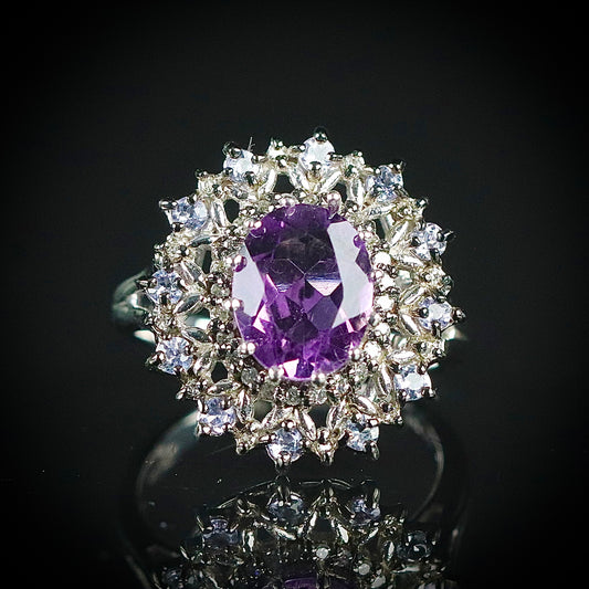 Sterling Silver Diamond, Amethyst and Tanzanite Ring